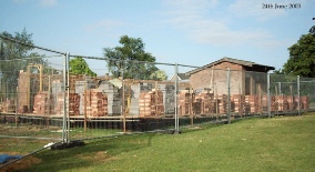 Moggerhanger pavilion being erected on 24 Jun 2003