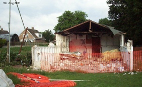 Moggerhanger pavilion being demolished 24 May 2003