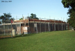 Moggerhanger pavilion being erected on 28 Jul 2003