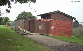 Moggerhanger Pavilion being erected on 5 Jul 2003