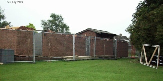 Moggerhanger Pavilion being erected on 5 Jul 2003